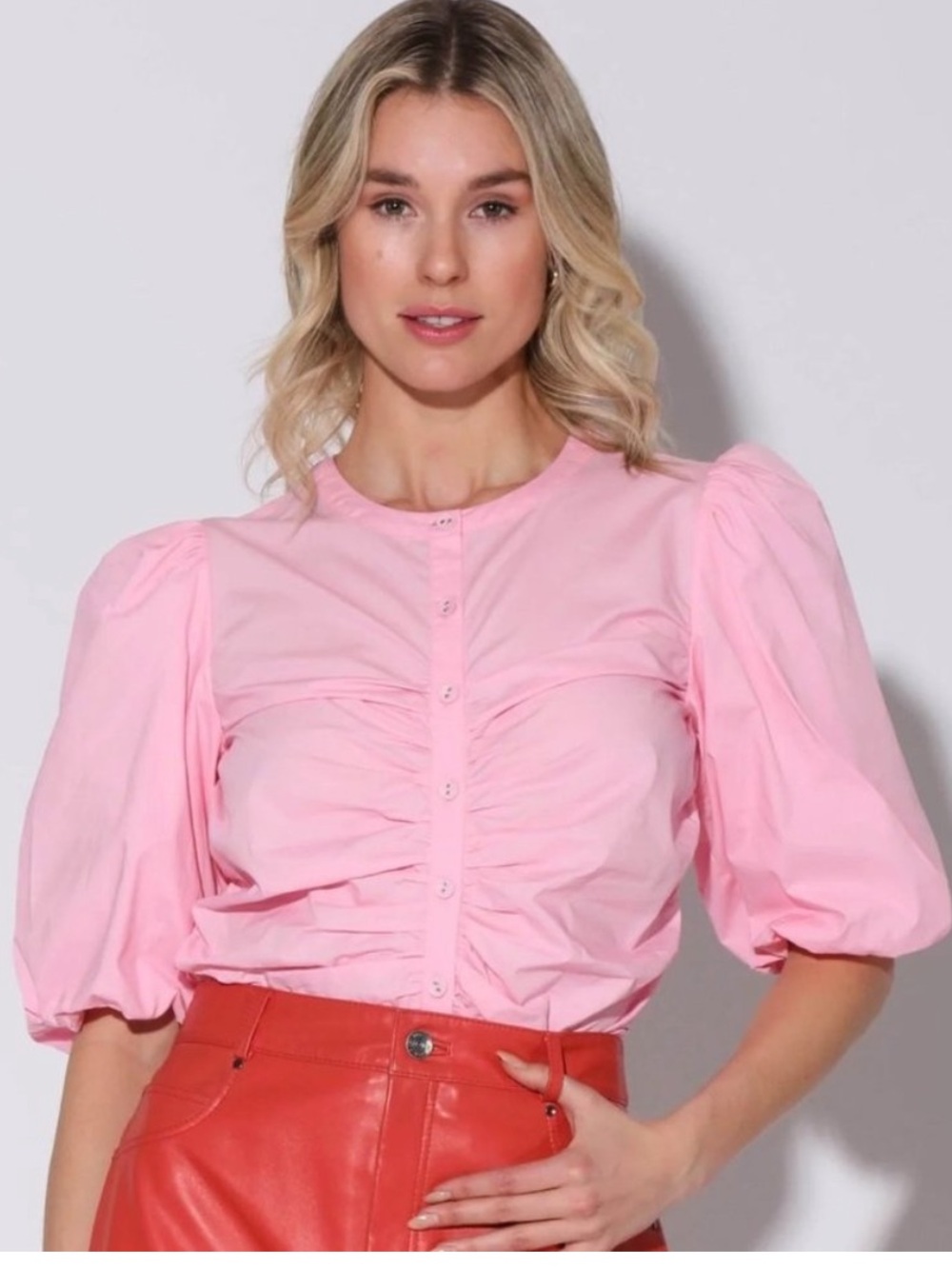 Walter Baker Pink Ruched Puff Sleeve Button Front Blouse Top